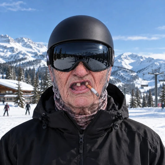 funny 3D grandma face ski mask on model