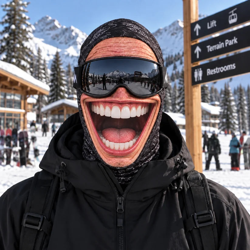 funny 3D chompers face ski mask on model