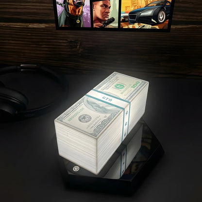 Floating money stack lamp in GTA style decor